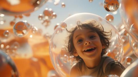 A child surrounded by bubbles