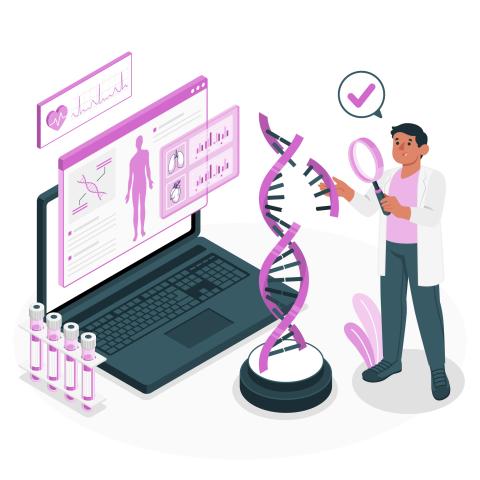A vector image of a scientist looking at a giant DNA strand
