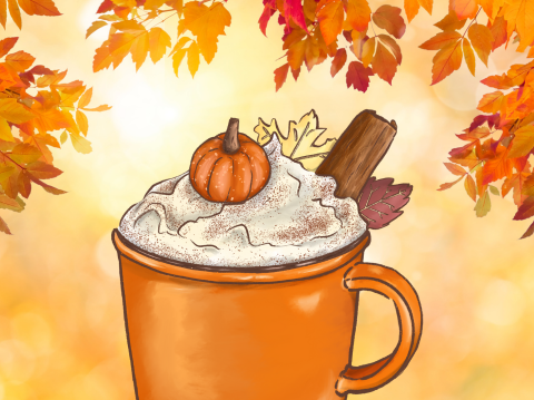 pumpkin spice drink with autumn background