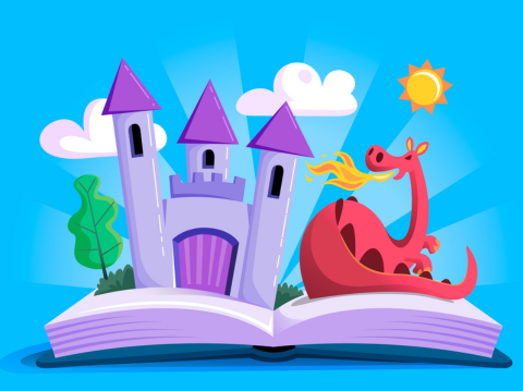 open book clipart with castle and dragon