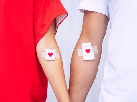 Blood donation between 2 people, bandages with red hearts