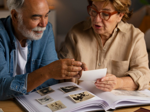 adults looking at old photos
