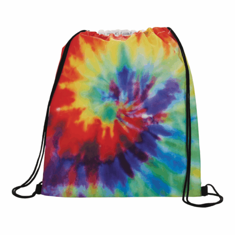 A tie-dyed drawstring backpack