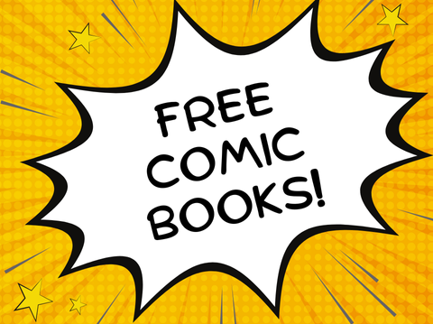 Talk bubble that says Free Comic Books!